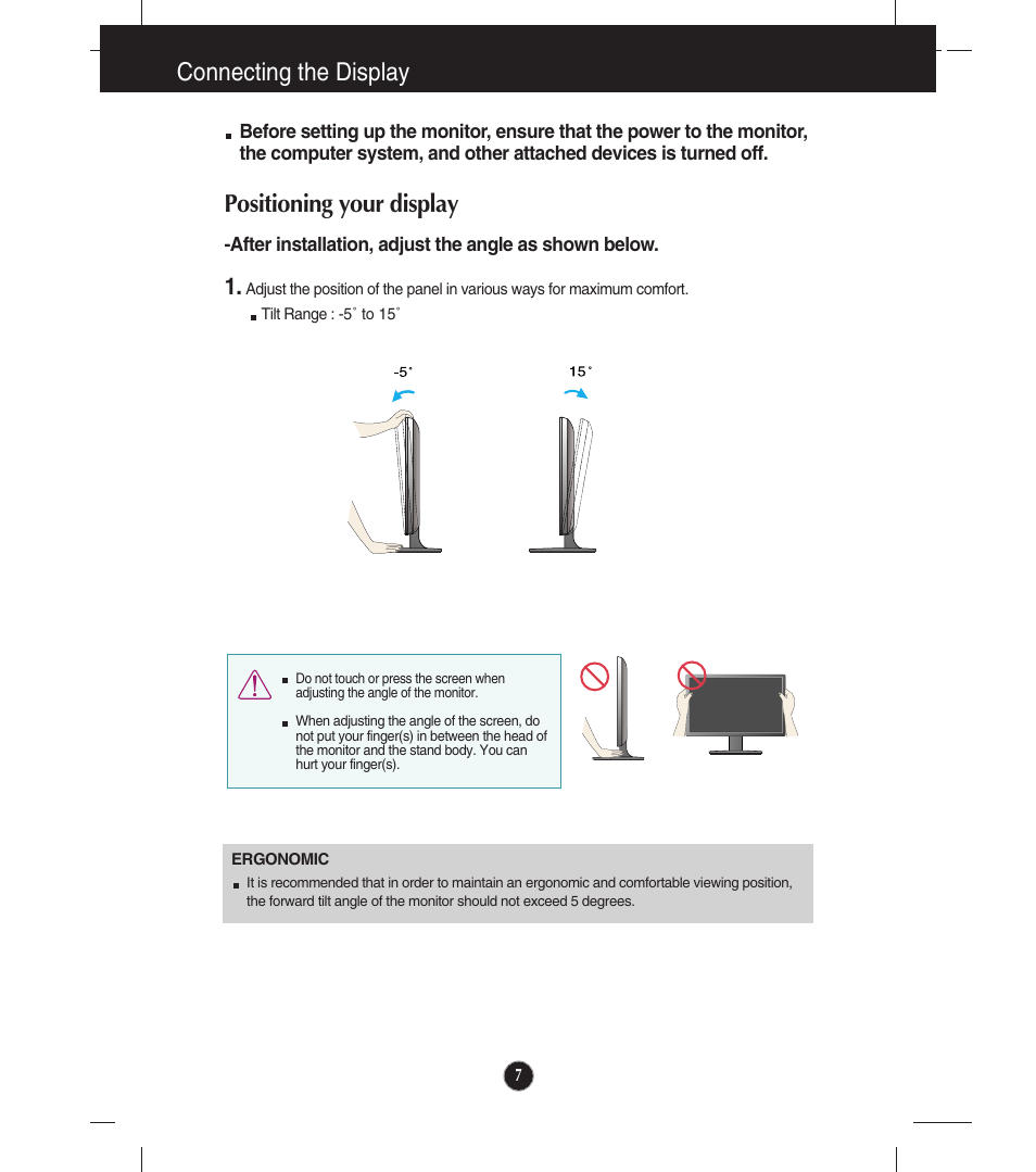 Positioning your display, Connecting the display | LG E2341VG-BN User Manual | Page 8 / 29