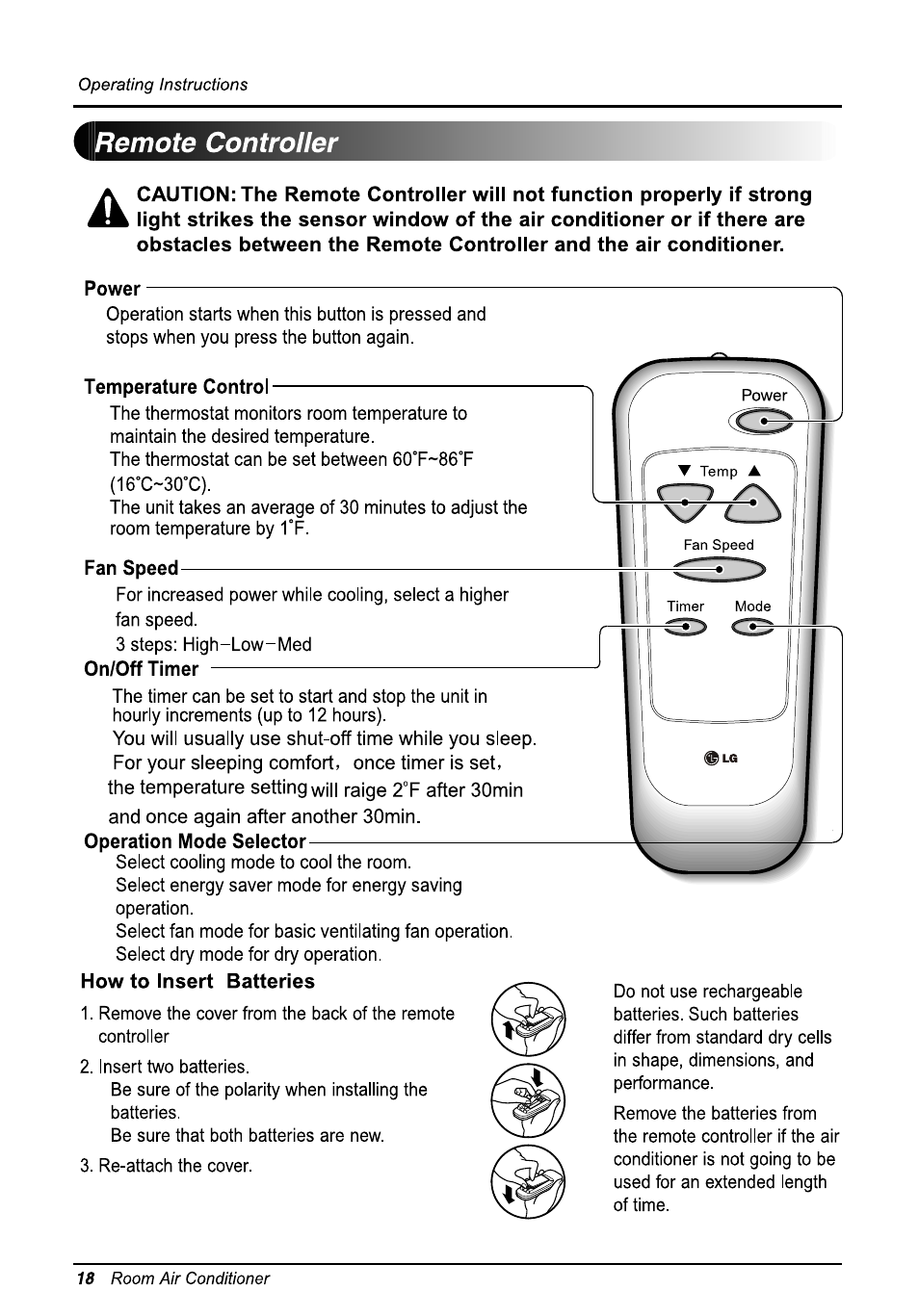 Remote controller, Temperature control, Fan speed | On/off timer, Operation mode selector, How to insert batteries | LG LW1010ER User Manual | Page 18 / 52