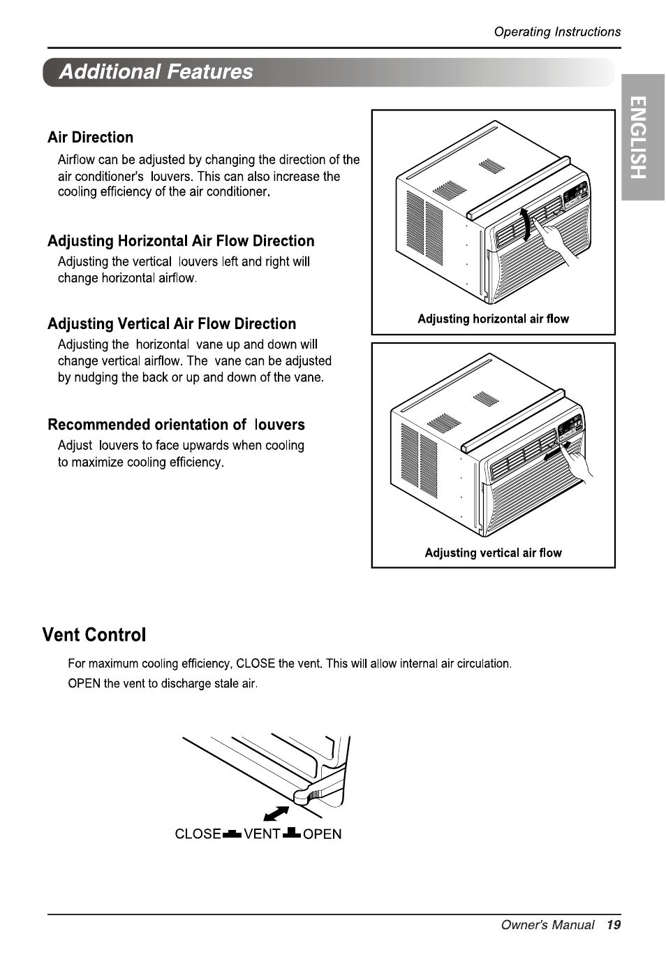 Additional features, Air direction, Adjusting horizontal air flow direction | Adjusting vertical air flow direction, Recommended orientation of louvers, Vent control | LG LW1010ER User Manual | Page 19 / 52