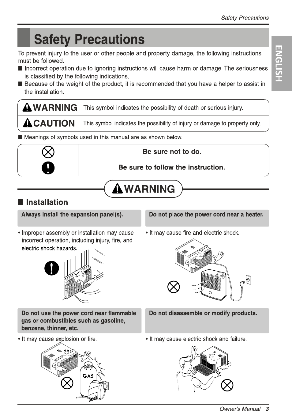 B safety precautions, Installation, Safety precautions | LG LW1010ER User Manual | Page 3 / 52