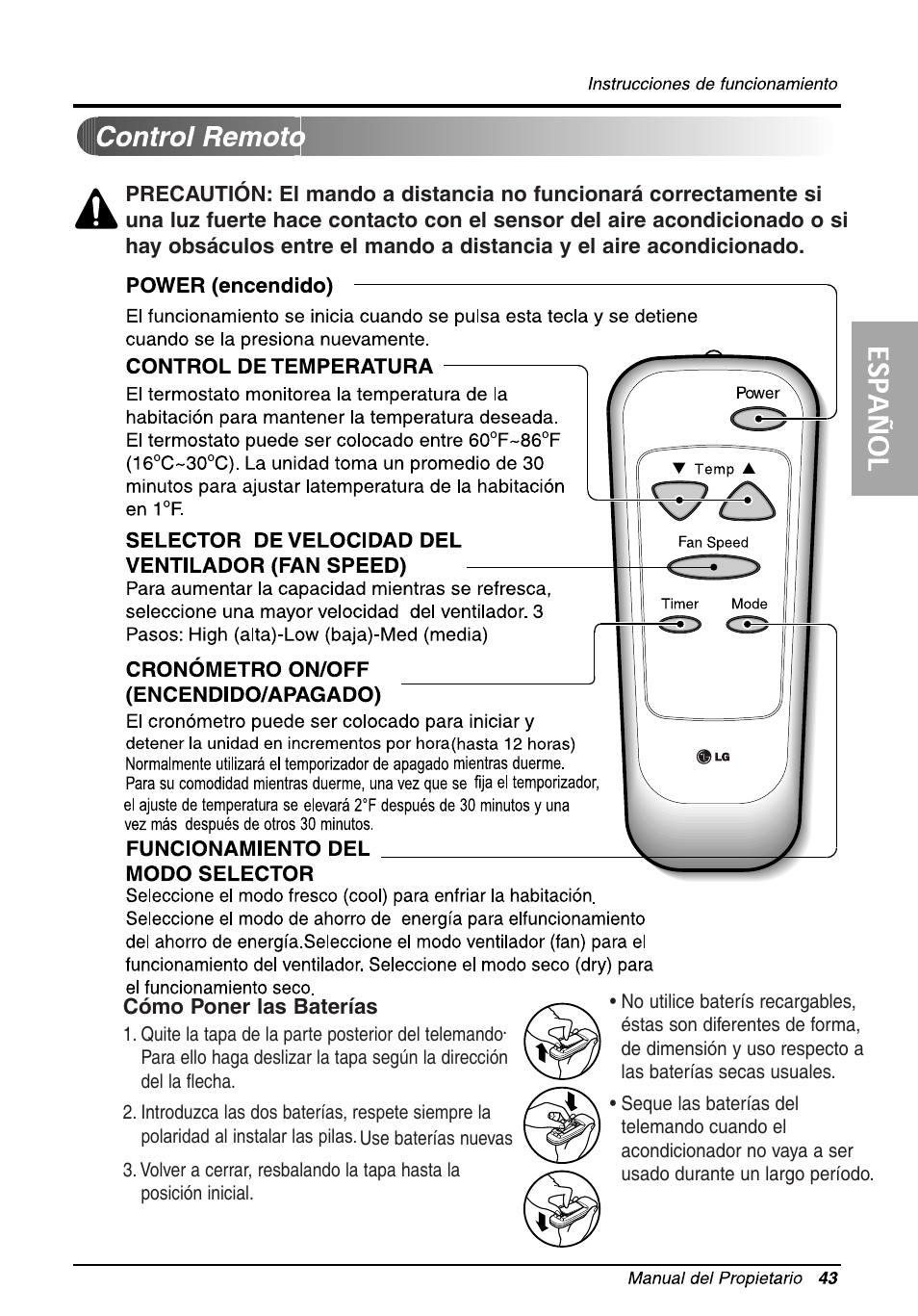 Control remoto, Power (encendido), Control de temperatura | Selector de velocidad del ventilador (fan speed), Cronómetro on/off (encendido/apagado), Funcionamiento del, Modo selector, Cómo poner las baterías | LG LW1010ER User Manual | Page 43 / 52