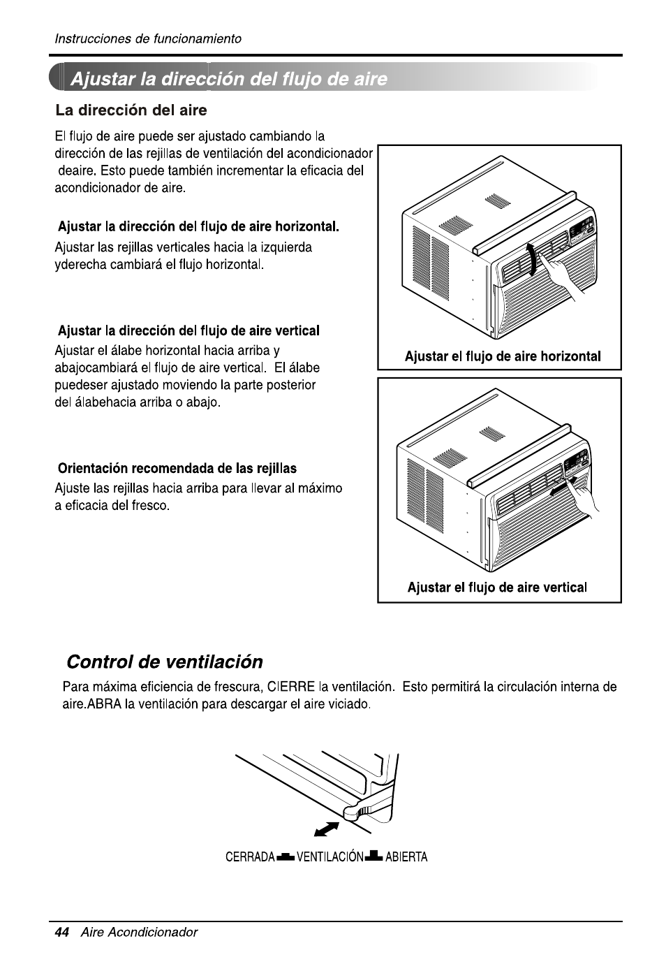 Ajustar la dirección del flujo de aíre, La dirección dei aire, Control de ventilación | La dirección del aire, Control de ventilaciín | LG LW1010ER User Manual | Page 44 / 52