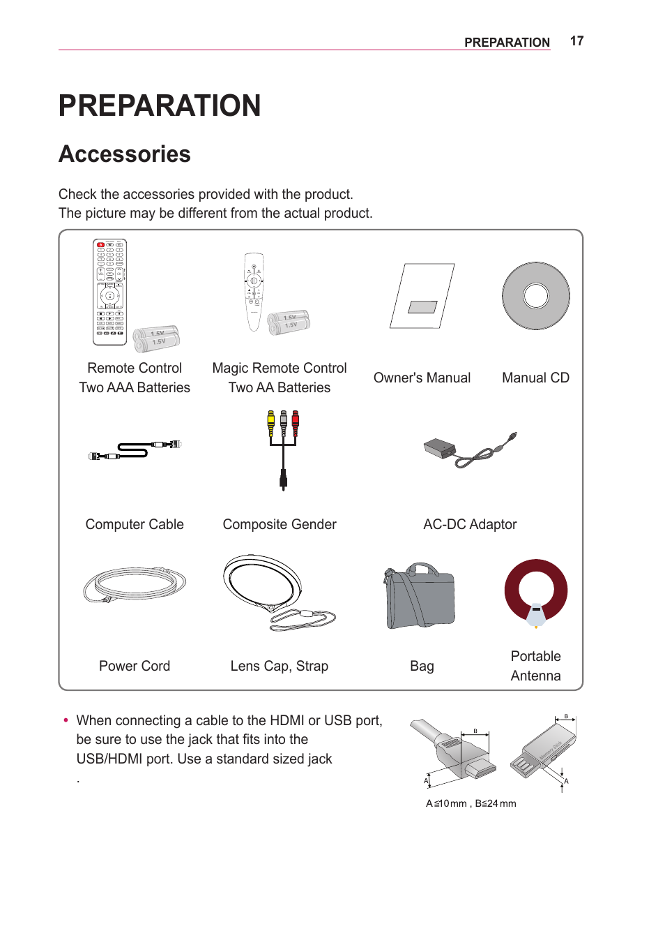 Preparation, Accessories, 图像静止 | P a g e, P\#dssv /t1phqx, Surmhfwru | LG PA75U User Manual | Page 17 / 92