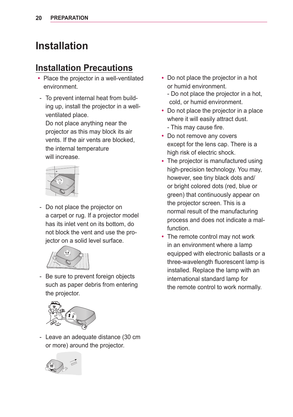 Installation, Installation precautions | LG PA75U User Manual | Page 20 / 92