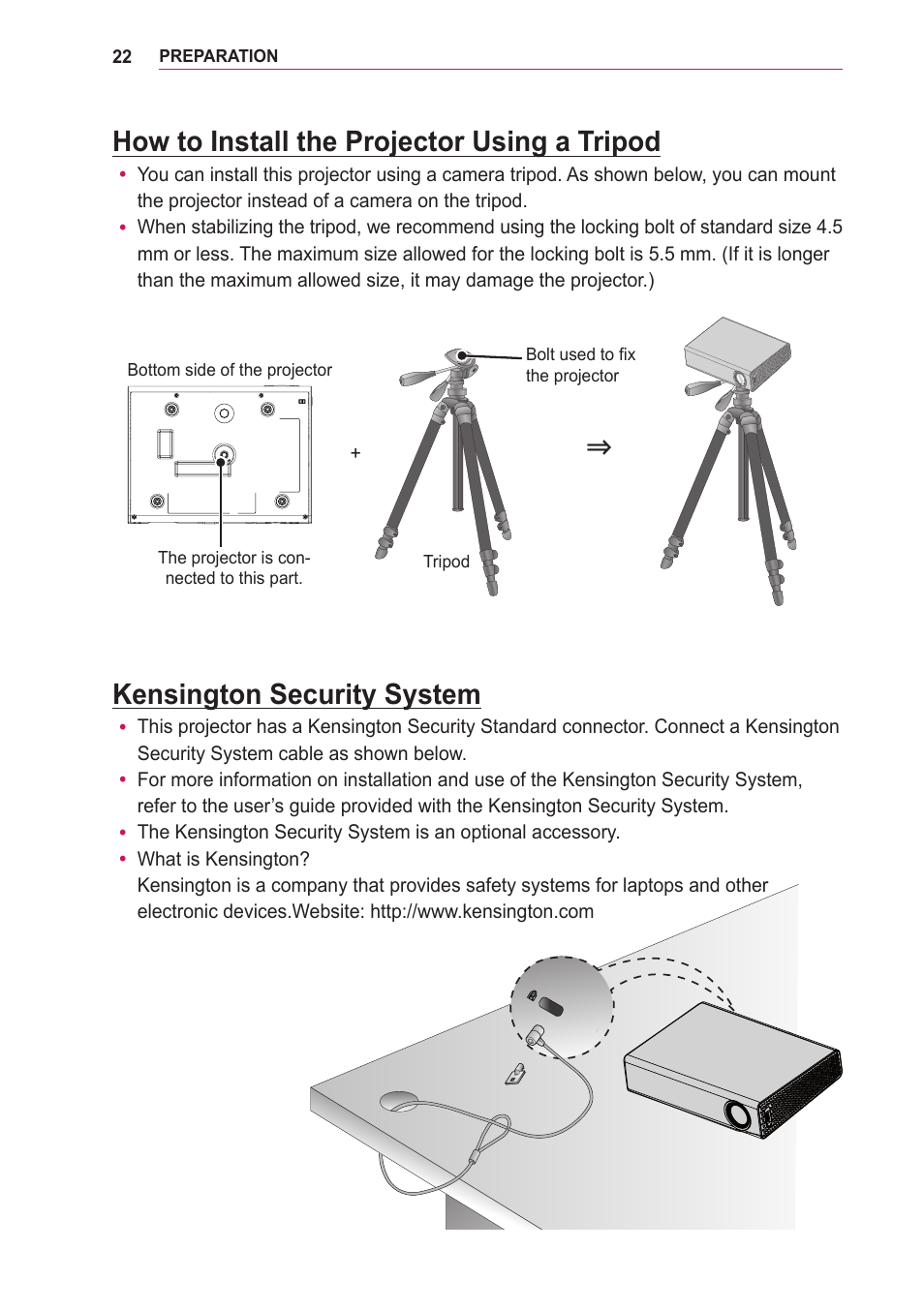 How to install the projector using a tripod, Kensington security system, How to install the projector using a | Tripod | LG PA75U User Manual | Page 22 / 92