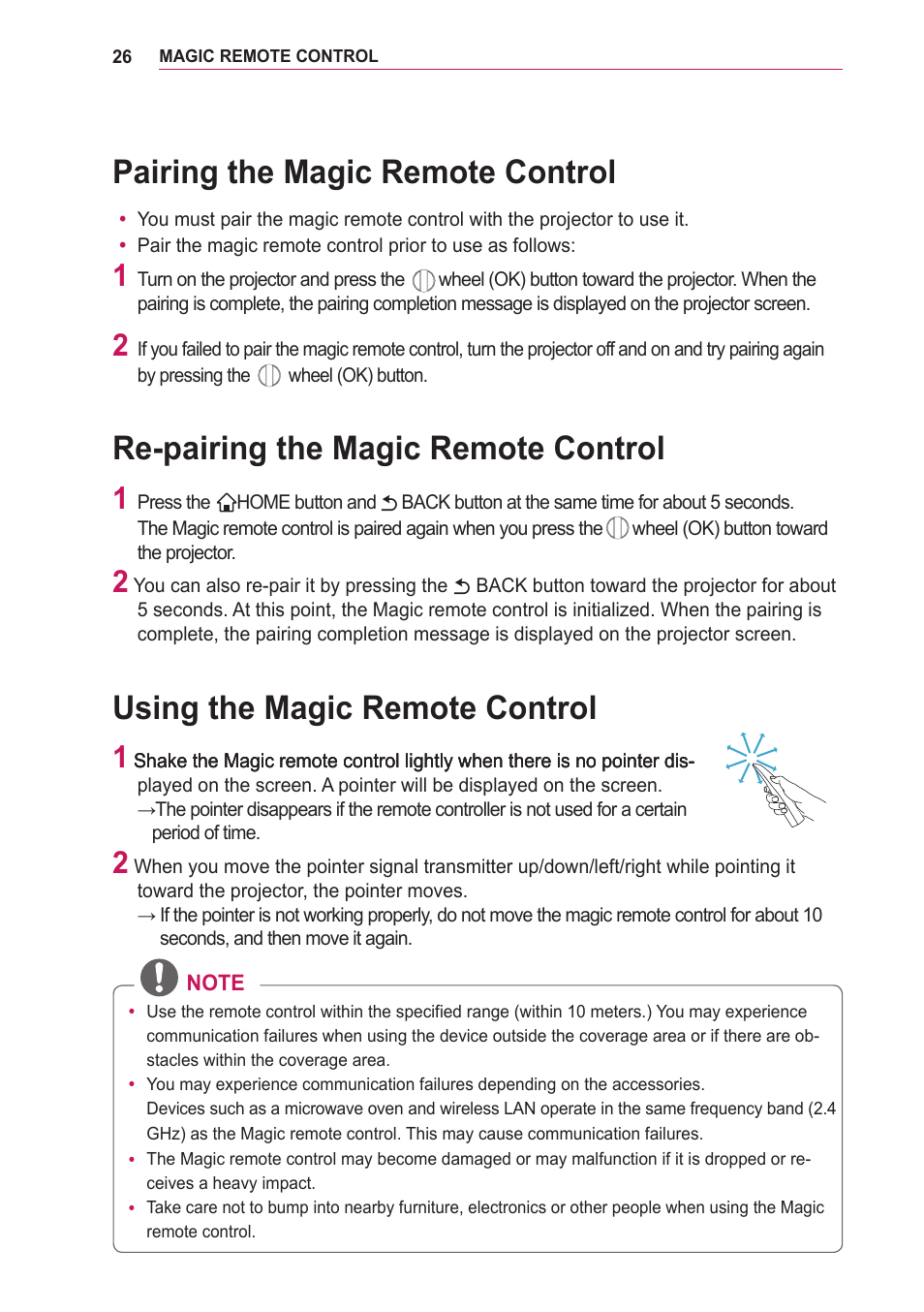 Pairing the magic remote control, Re-pairing the magic remote control, Using the magic remote control | Pairing the magic remote control 26, Using the magic remote control 26 | LG PA75U User Manual | Page 26 / 92