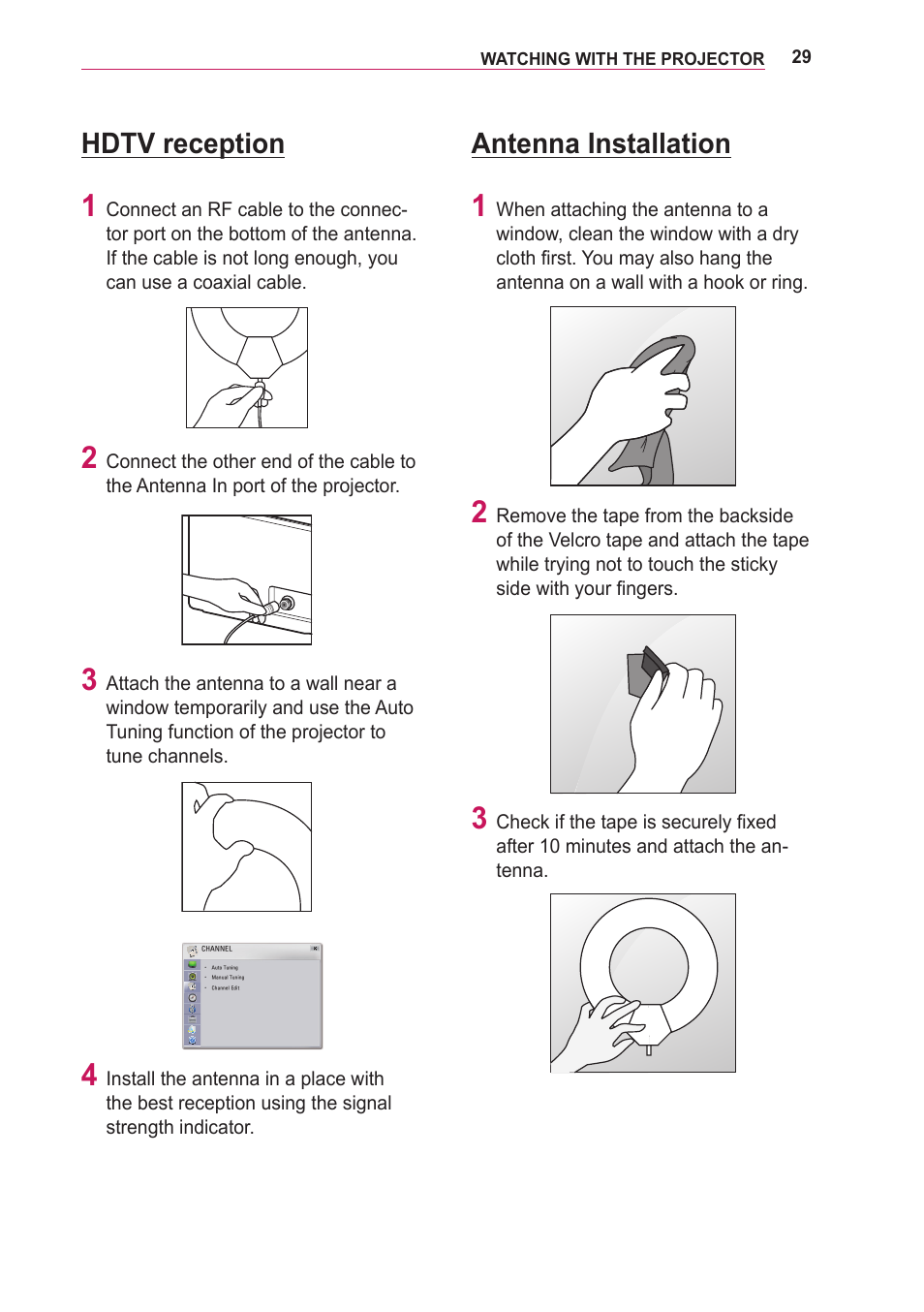 Hdtv reception, Antenna installation | LG PA75U User Manual | Page 29 / 92