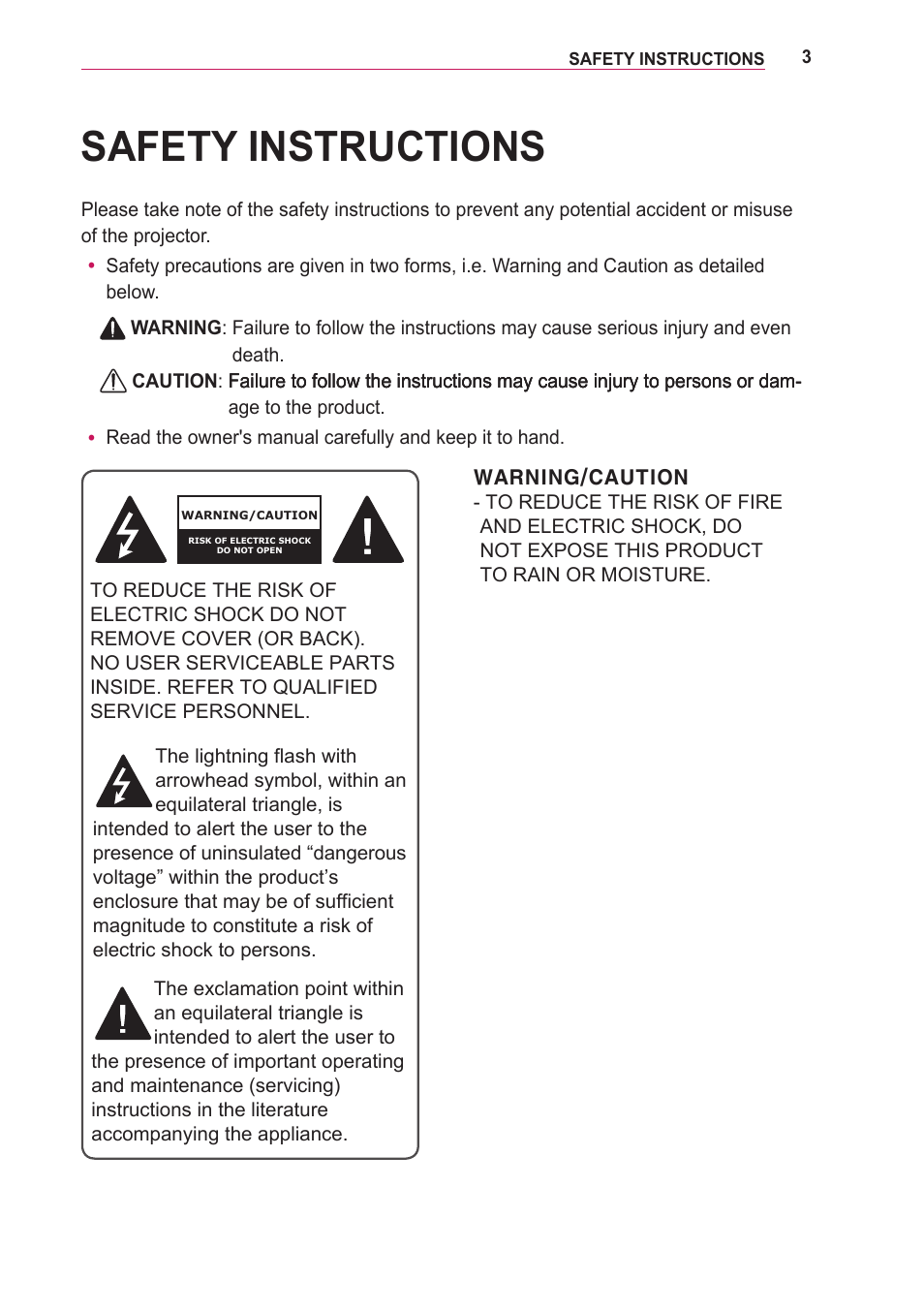 Safety instructions | LG PA75U User Manual | Page 3 / 92