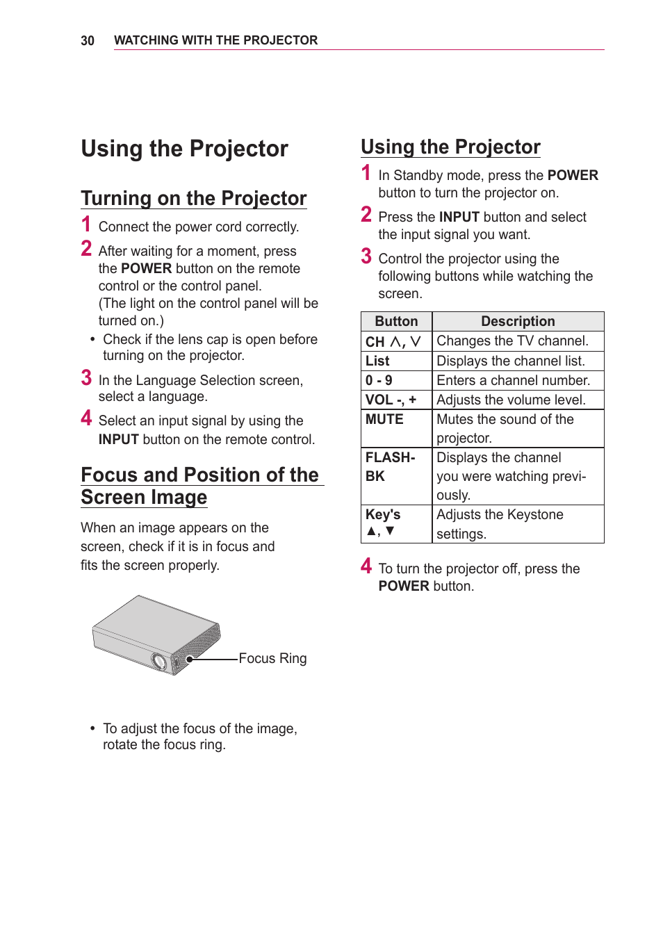 Using the projector, Turning on the projector, Focus and position of the screen image | Focus and position of the screen, Image | LG PA75U User Manual | Page 30 / 92