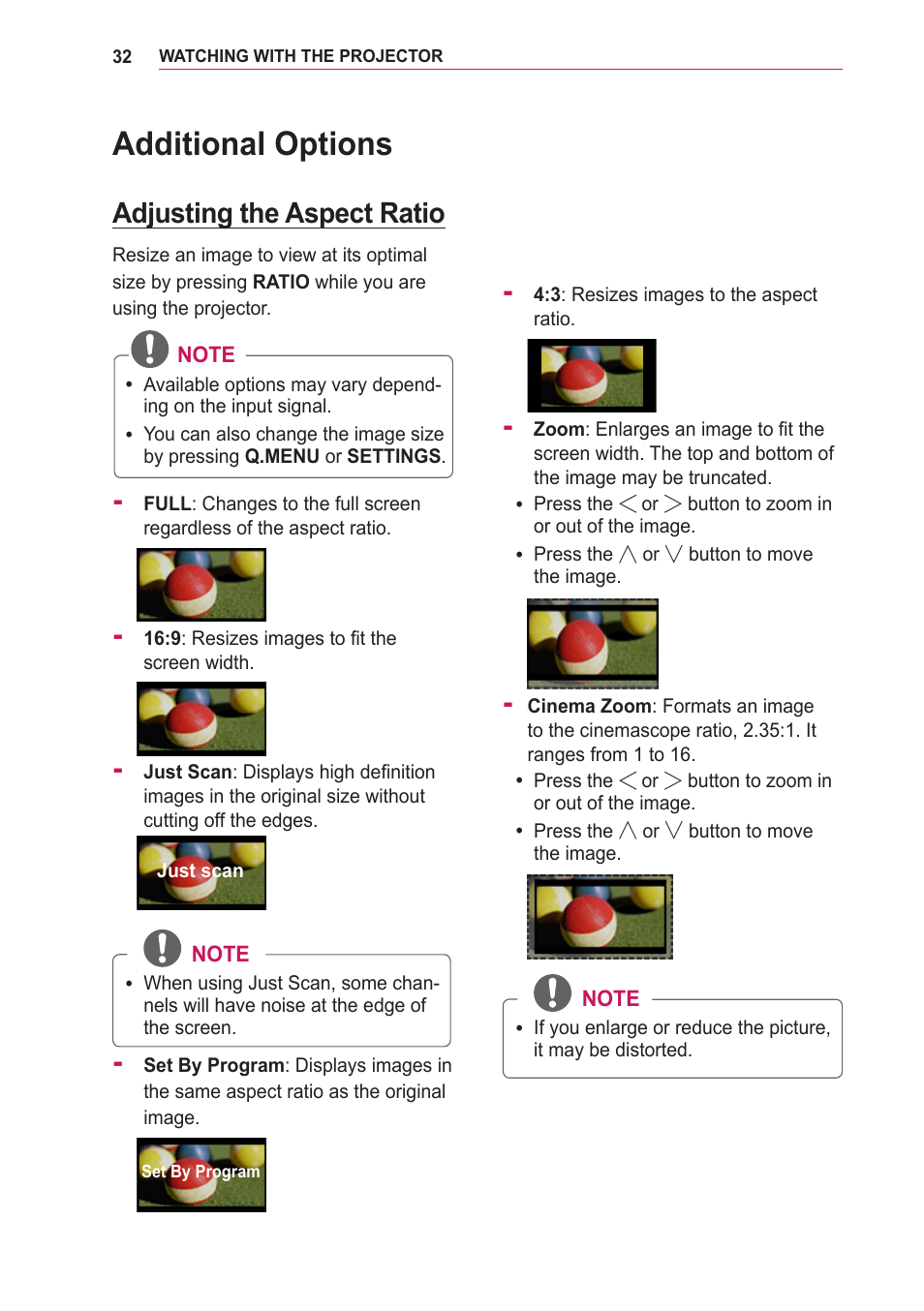 Additional options, Adjusting the aspect ratio | LG PA75U User Manual | Page 32 / 92