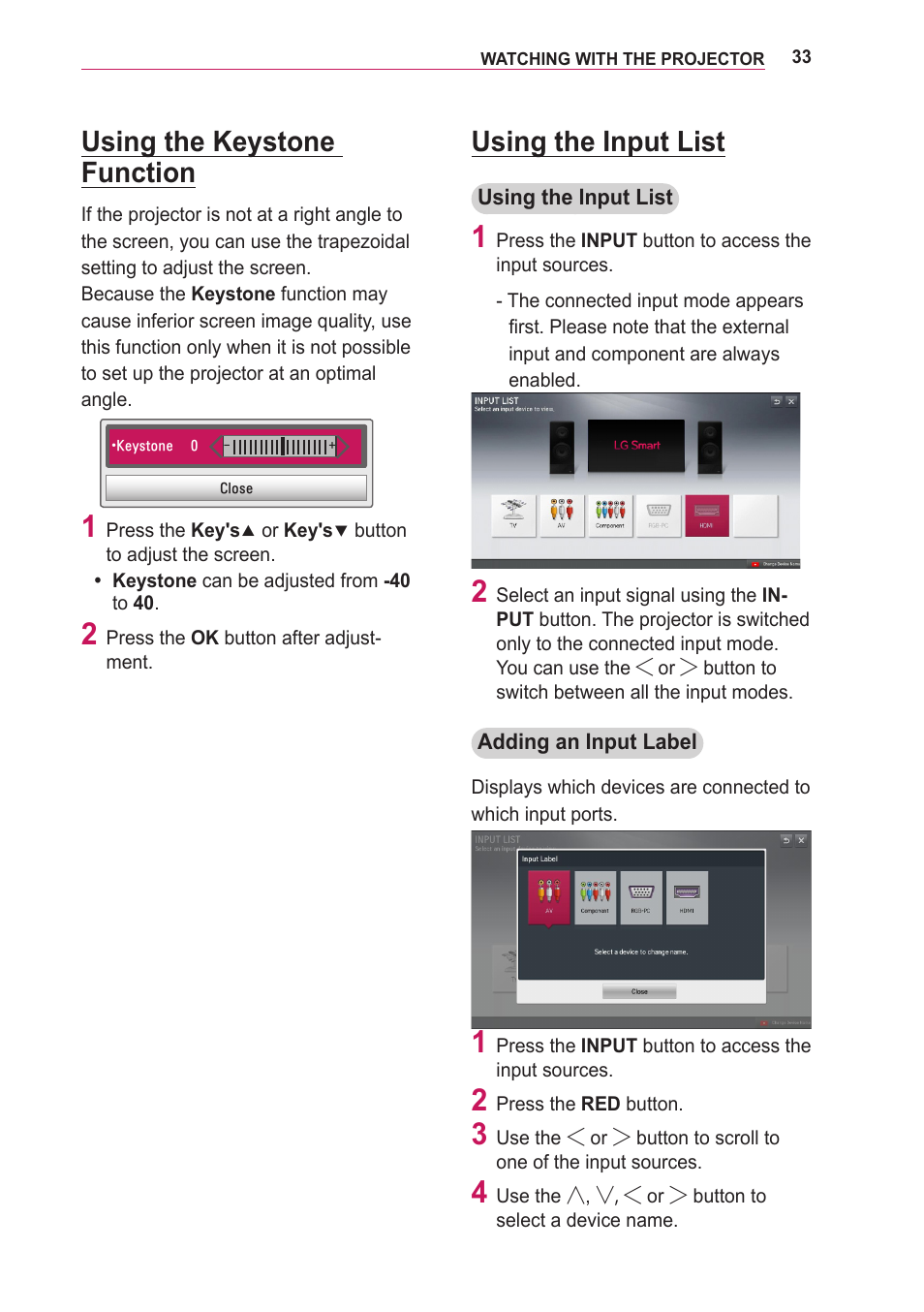 Using the keystone function, Using the input list, Using the keystone | Function | LG PA75U User Manual | Page 33 / 92