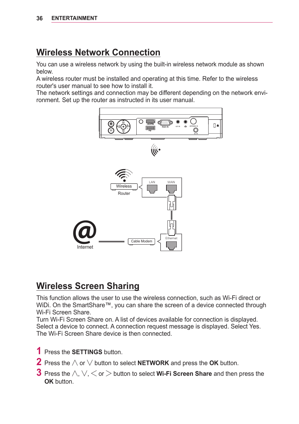 Wireless network connection, Wireless screen sharing | LG PA75U User Manual | Page 36 / 92