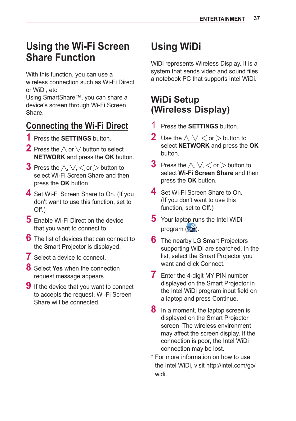 Using the wi-fi screen share function, Connecting the wi-fi direct, Using widi | Widi setup (wireless display), Using the wi-fi screen share, Function | LG PA75U User Manual | Page 37 / 92