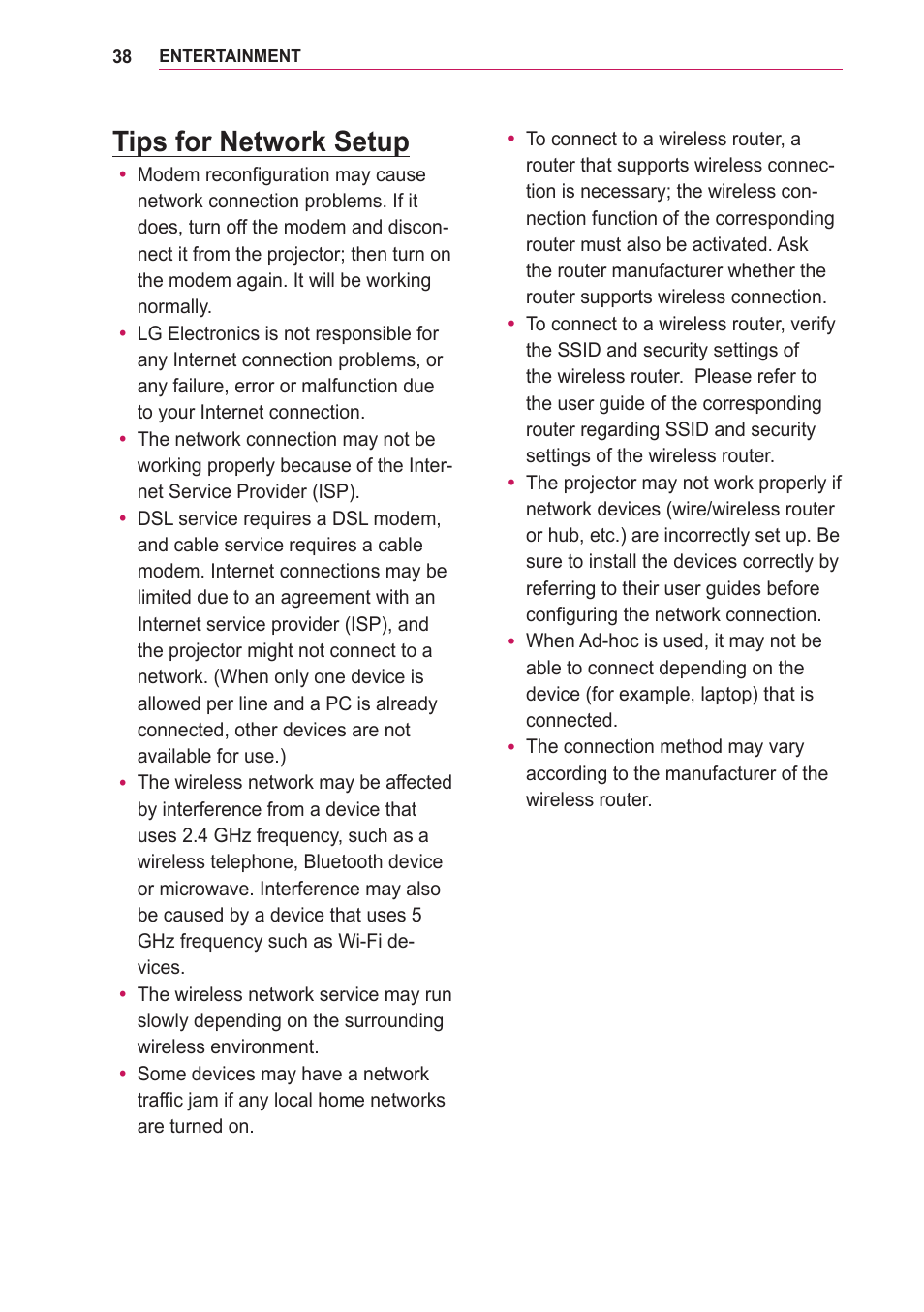 Tips for network setup | LG PA75U User Manual | Page 38 / 92