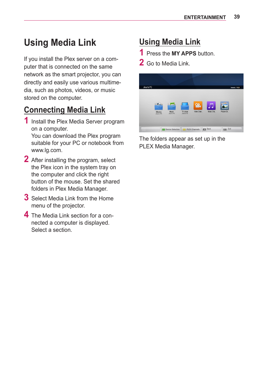 Using media link, Connecting media link | LG PA75U User Manual | Page 39 / 92