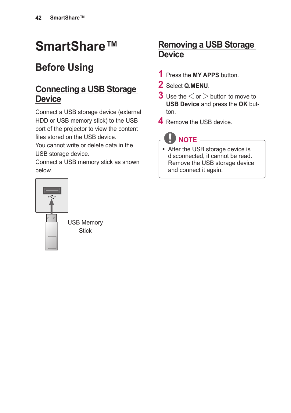 Smartshare, Before using, Connecting a usb storage device | Removing a usb storage device, Removing a usb storage device 42 | LG PA75U User Manual | Page 42 / 92