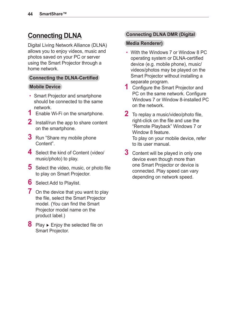 Connecting dlna | LG PA75U User Manual | Page 44 / 92