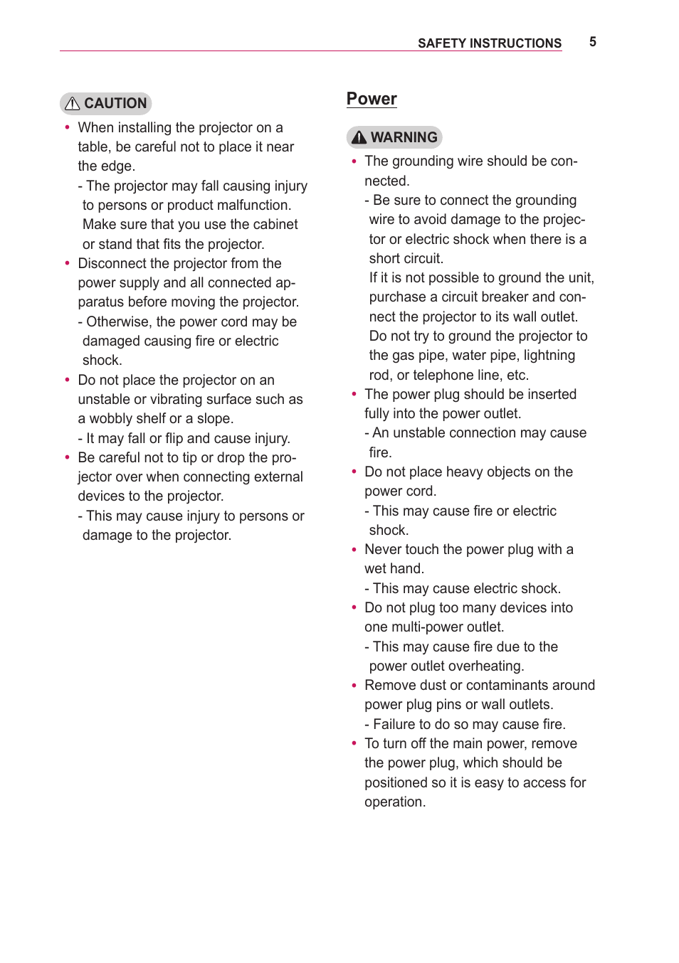 Power | LG PA75U User Manual | Page 5 / 92