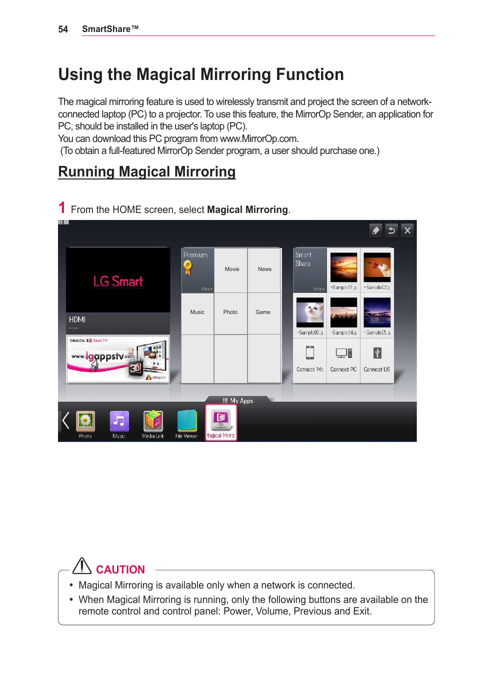 Using the magical mirroring function, Running magical mirroring | LG PA75U User Manual | Page 54 / 92