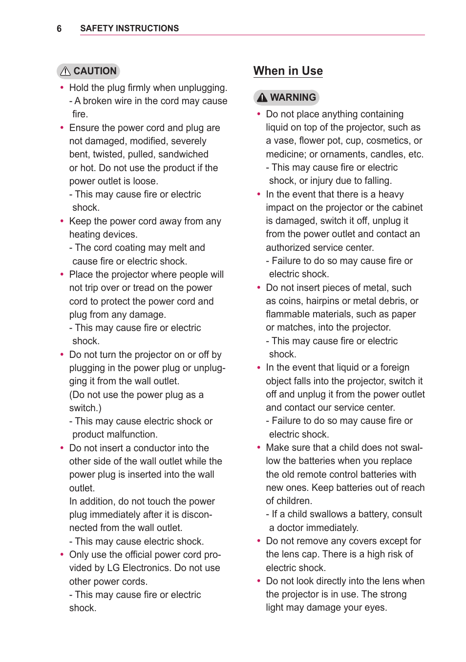 When in use | LG PA75U User Manual | Page 6 / 92