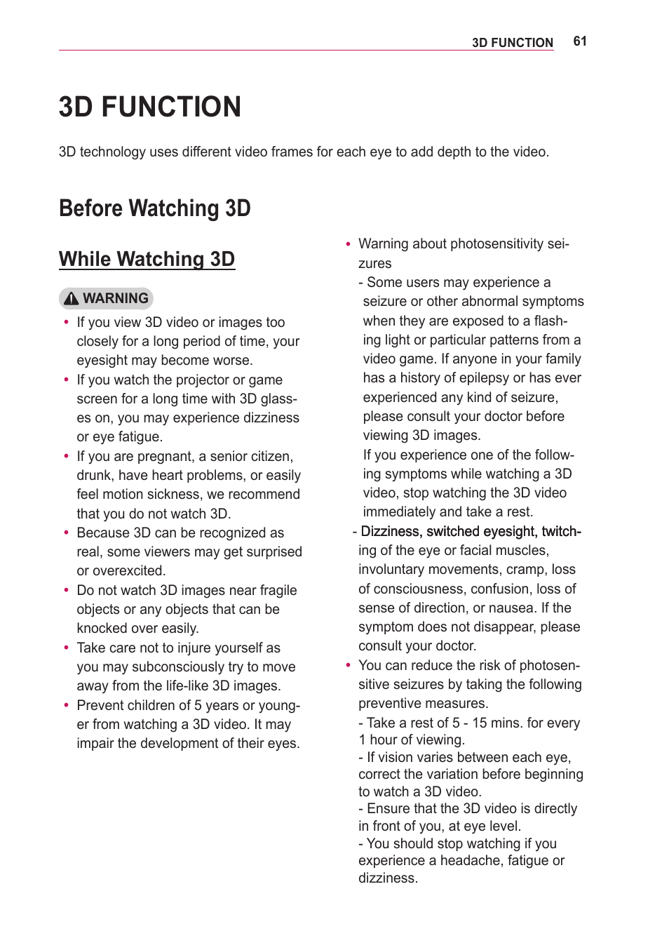 3d function, Before watching 3d, While watching 3d | LG PA75U User Manual | Page 61 / 92