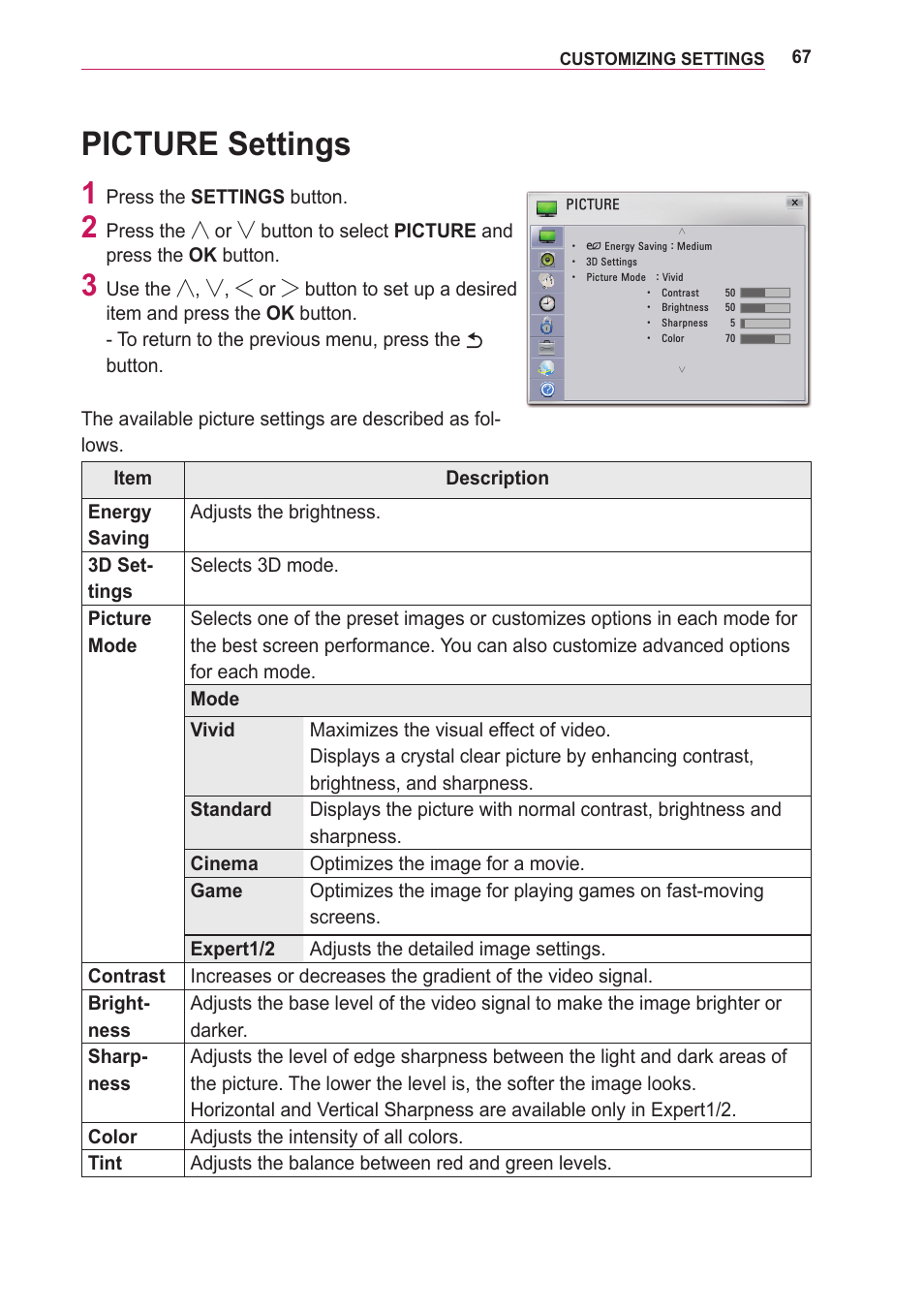 Picture settings | LG PA75U User Manual | Page 67 / 92