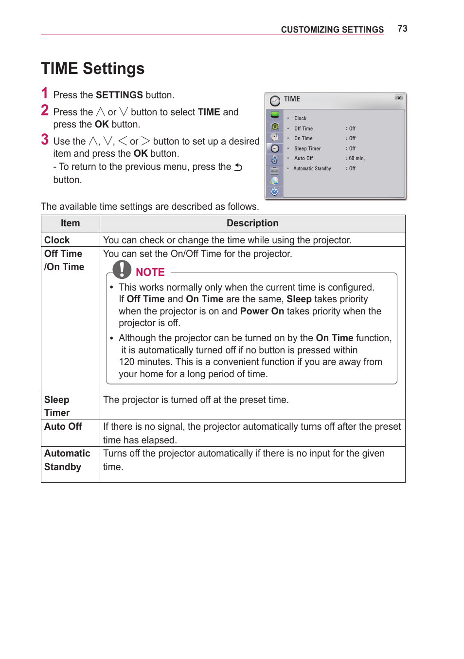 Time settings | LG PA75U User Manual | Page 73 / 92