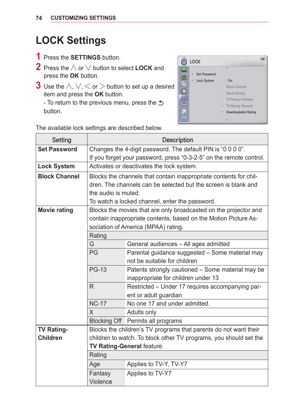 Lock settings | LG PA75U User Manual | Page 74 / 92