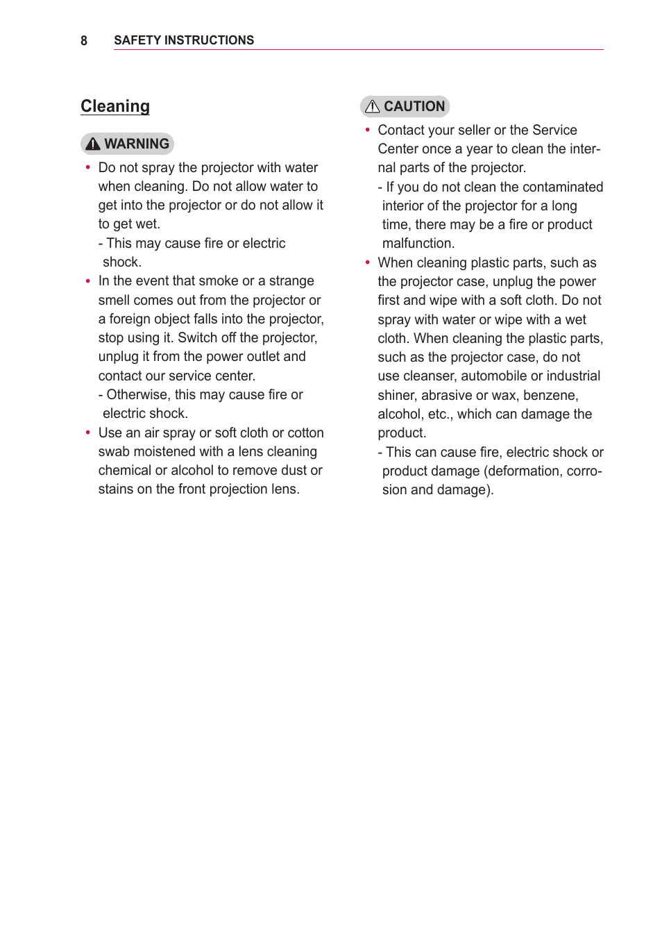 Cleaning | LG PA75U User Manual | Page 8 / 92