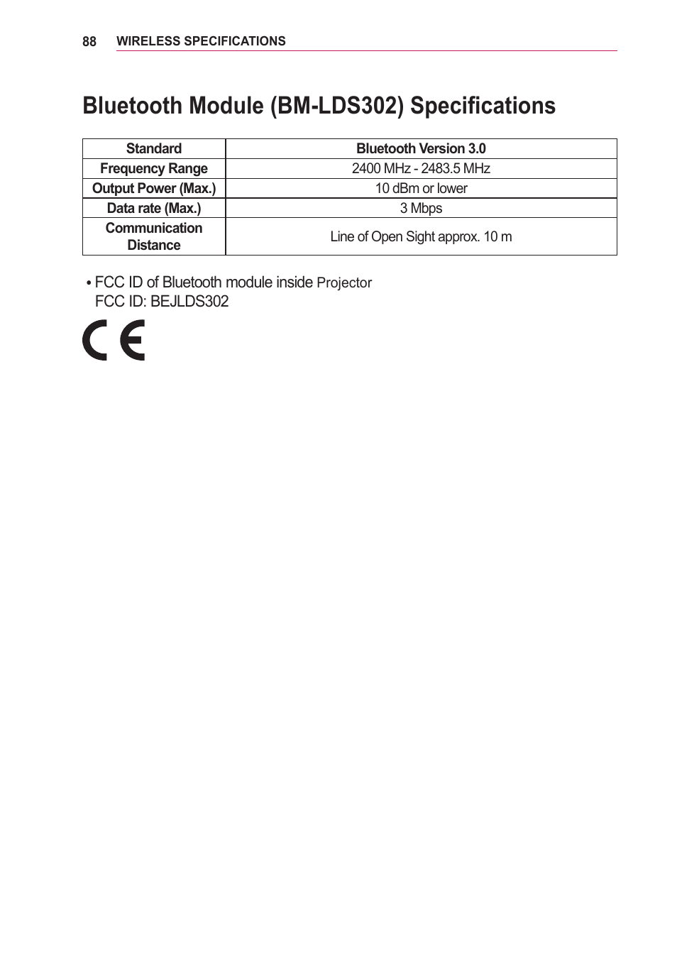 Bluetooth module (bm-lds302) specifications, Bluetooth module, Bm-lds302) specifications | LG PA75U User Manual | Page 88 / 92