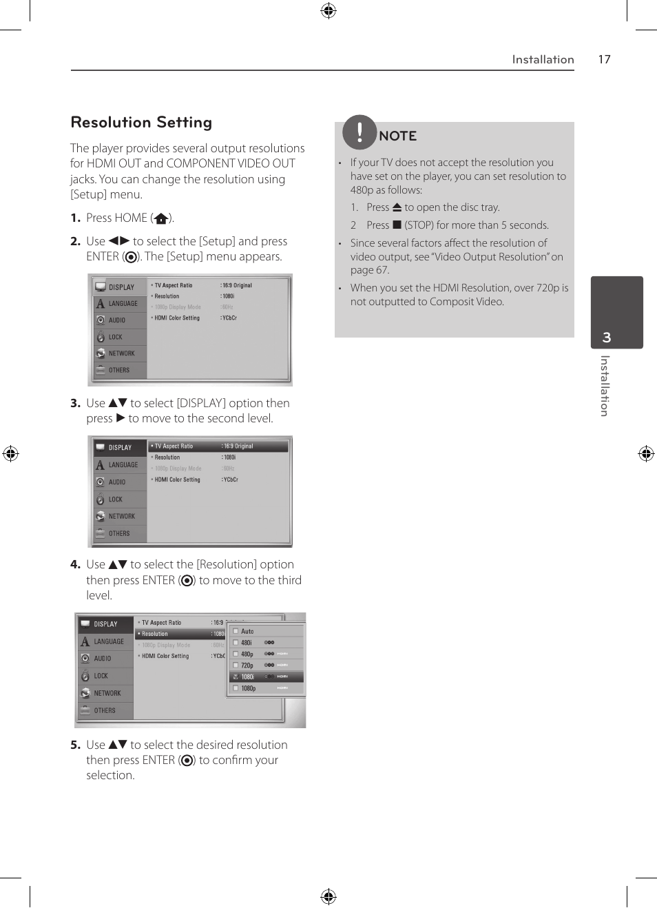 Resolution setting | LG BD530 User Manual | Page 17 / 72