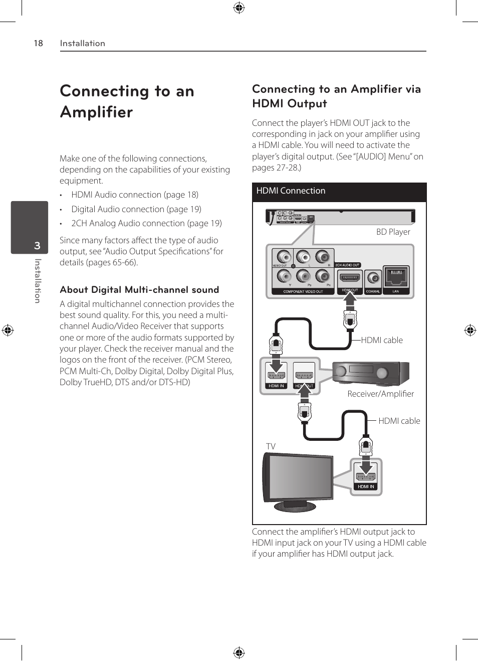 Connecting to an amplifier, Via hdmi output, Connecting to an amplifier via hdmi output | LG BD530 User Manual | Page 18 / 72