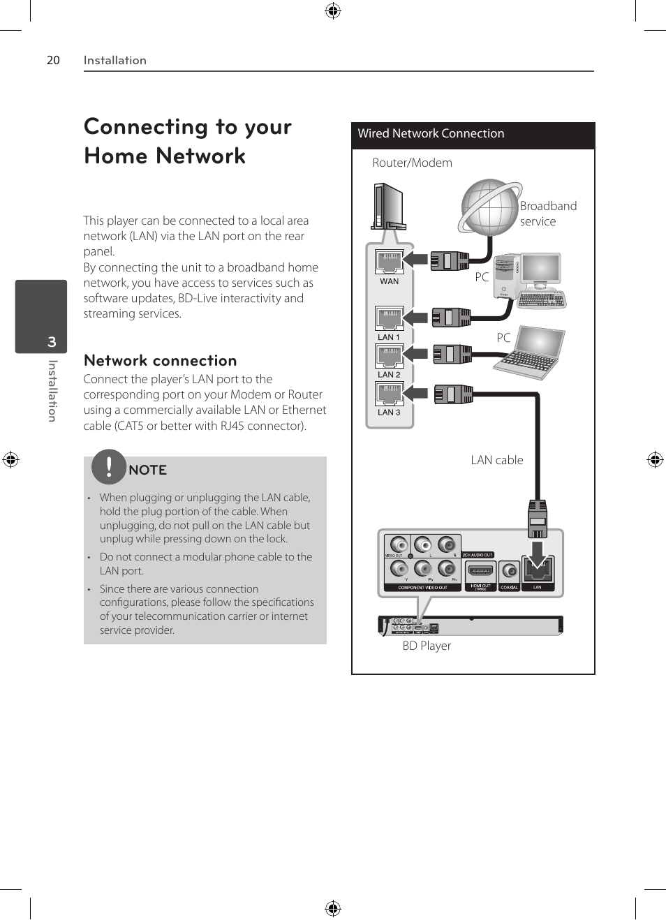 Connecting to your home network, Network connection | LG BD530 User Manual | Page 20 / 72