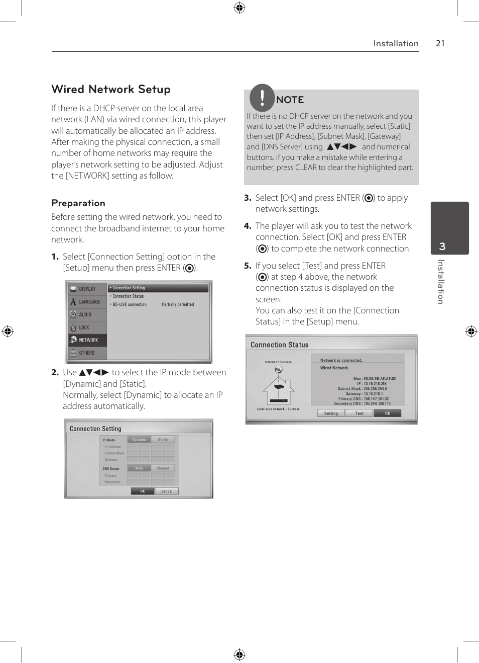 Wired network setup | LG BD530 User Manual | Page 21 / 72