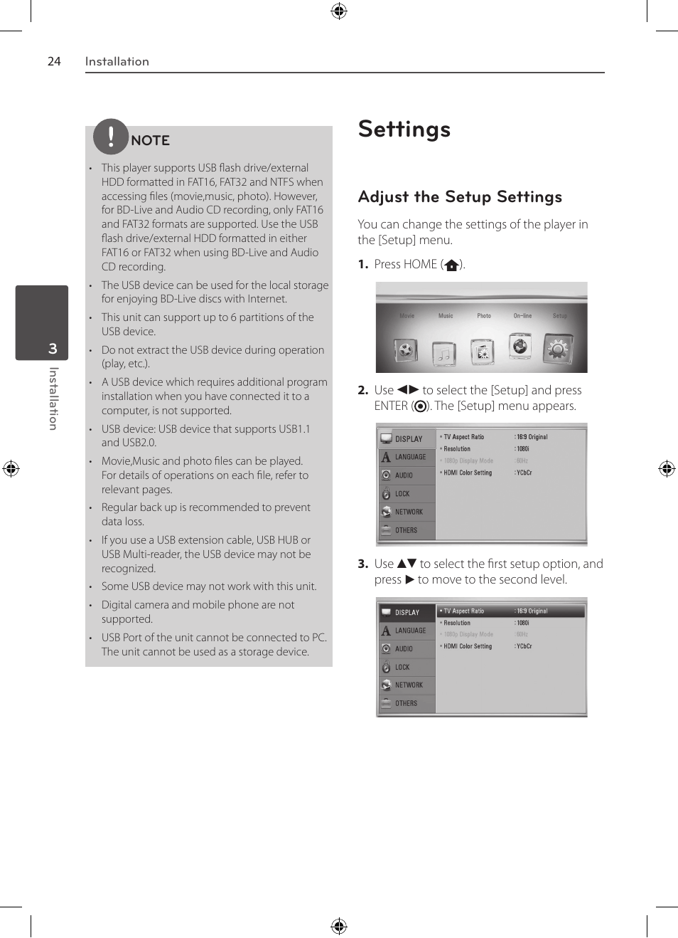 Settings, Adjust the setup settings | LG BD530 User Manual | Page 24 / 72