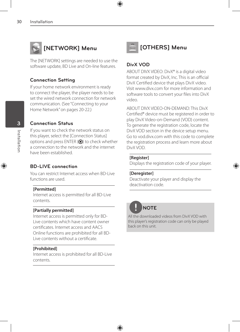 Others] menu, Network] menu | LG BD530 User Manual | Page 30 / 72