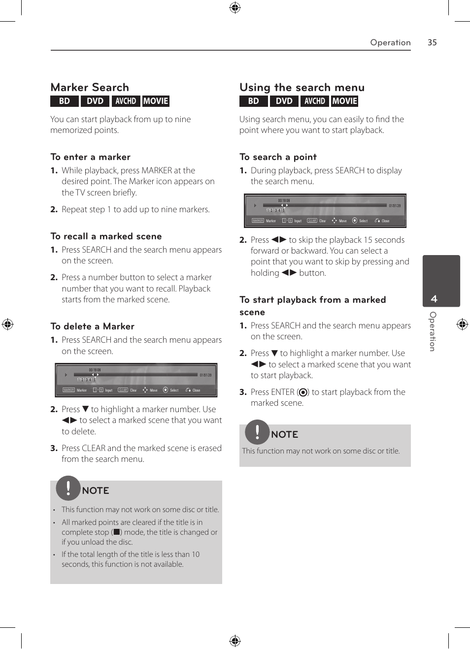 Advanced playback, Marker search, Using the search menu | LG BD530 User Manual | Page 35 / 72