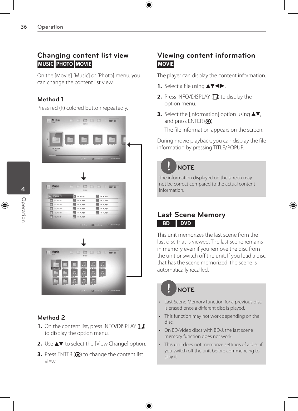Changing content list view, Viewing content information | LG BD530 User Manual | Page 36 / 72