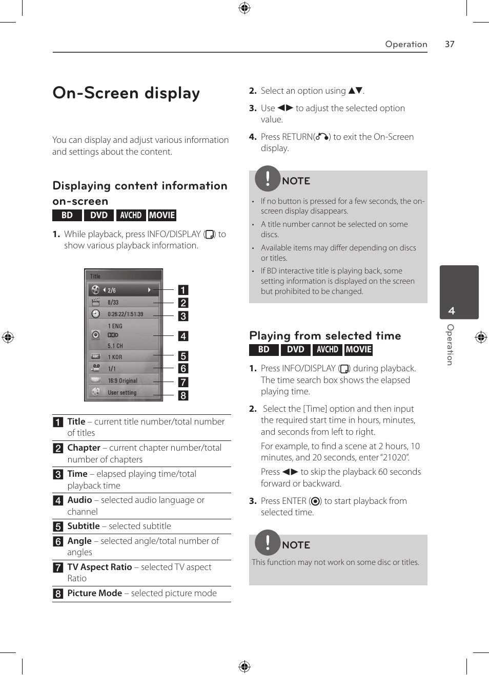 On-screen display, Displaying content information on-screen, Playing from selected time | LG BD530 User Manual | Page 37 / 72