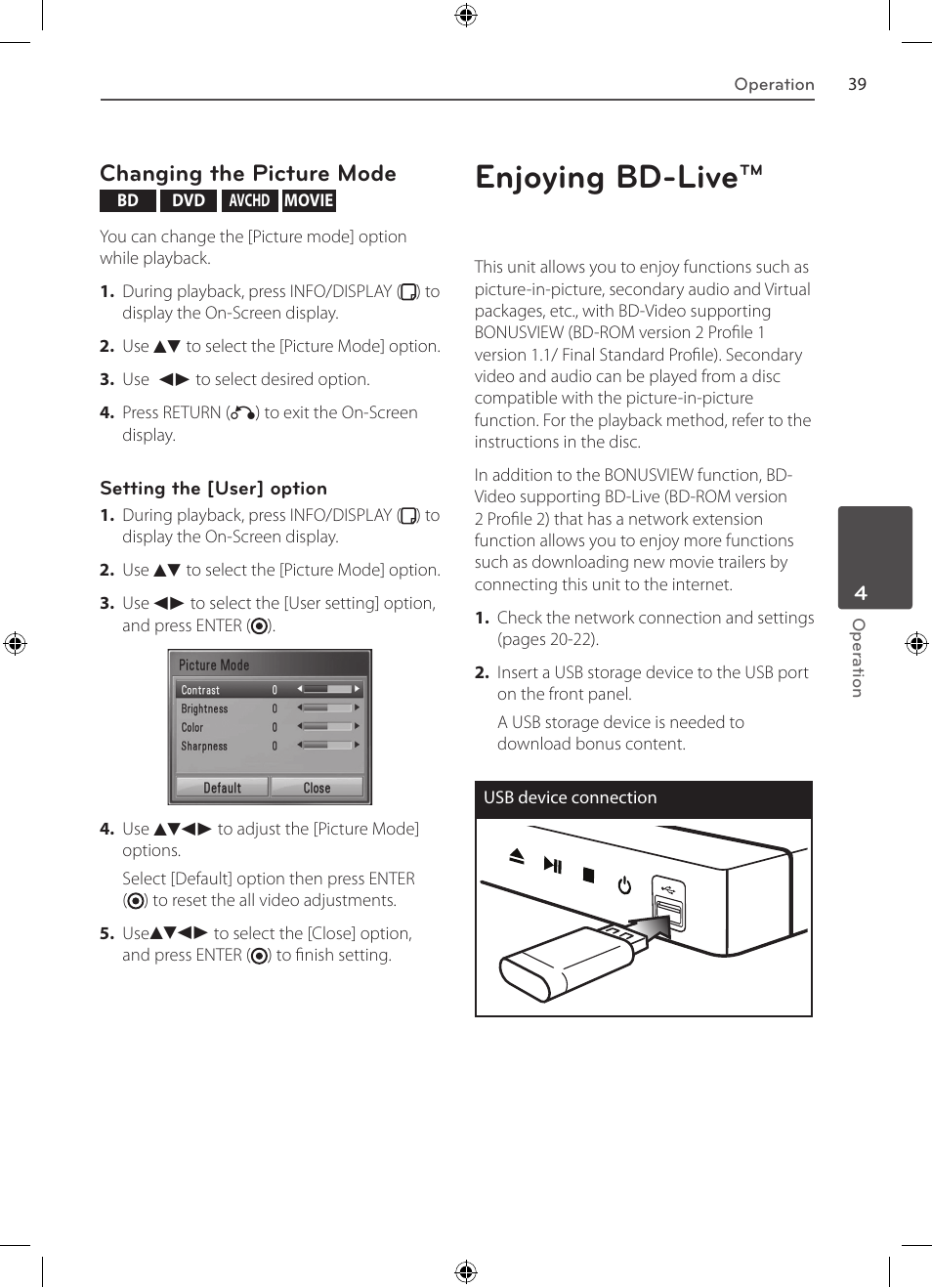 Enjoying bd-live, Changing the picture mode | LG BD530 User Manual | Page 39 / 72