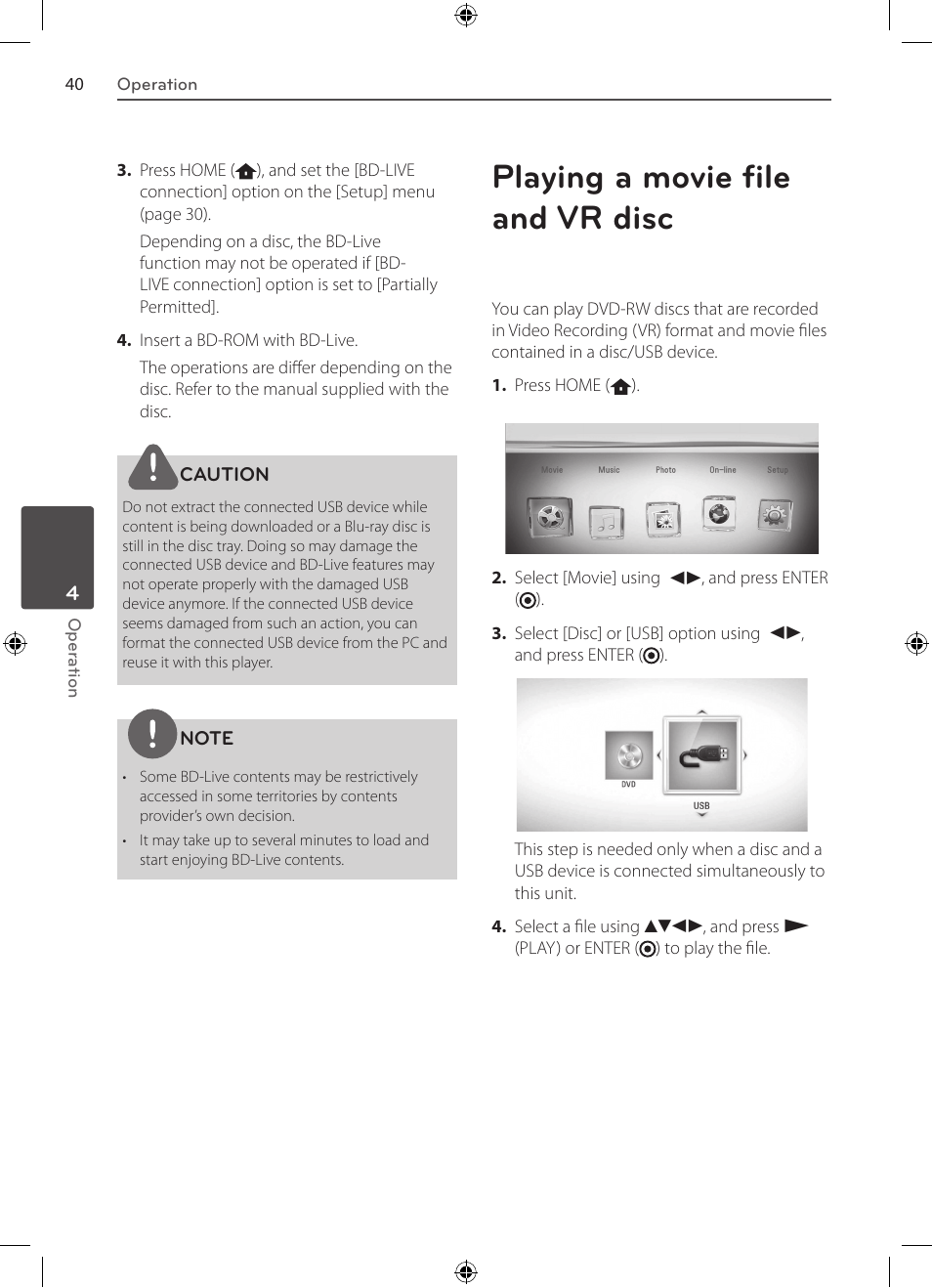 Playing a movie file and vr disc | LG BD530 User Manual | Page 40 / 72