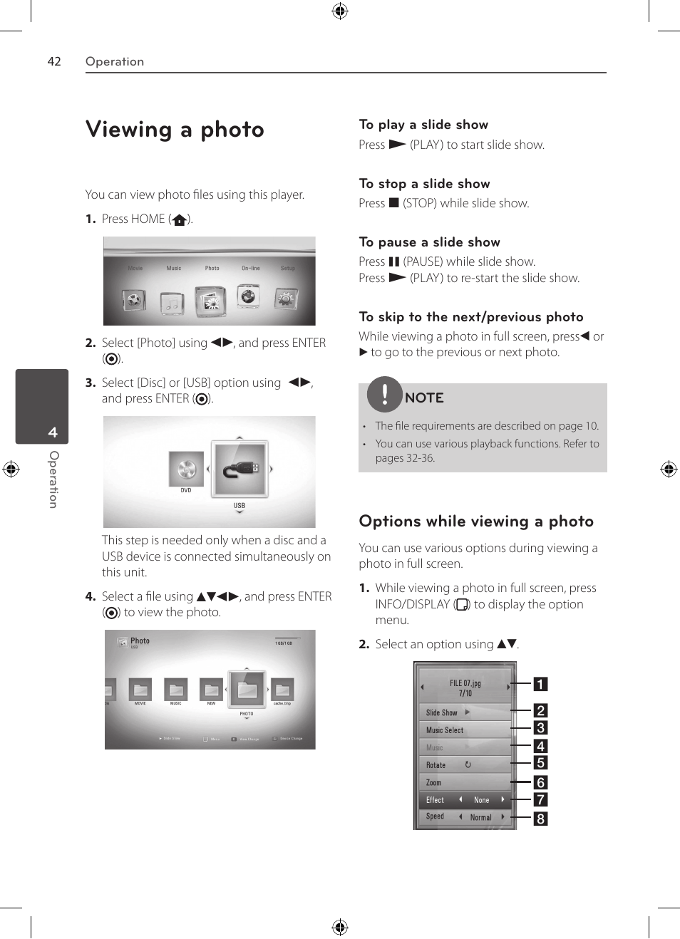 Viewing a photo, Options while viewing a photo | LG BD530 User Manual | Page 42 / 72