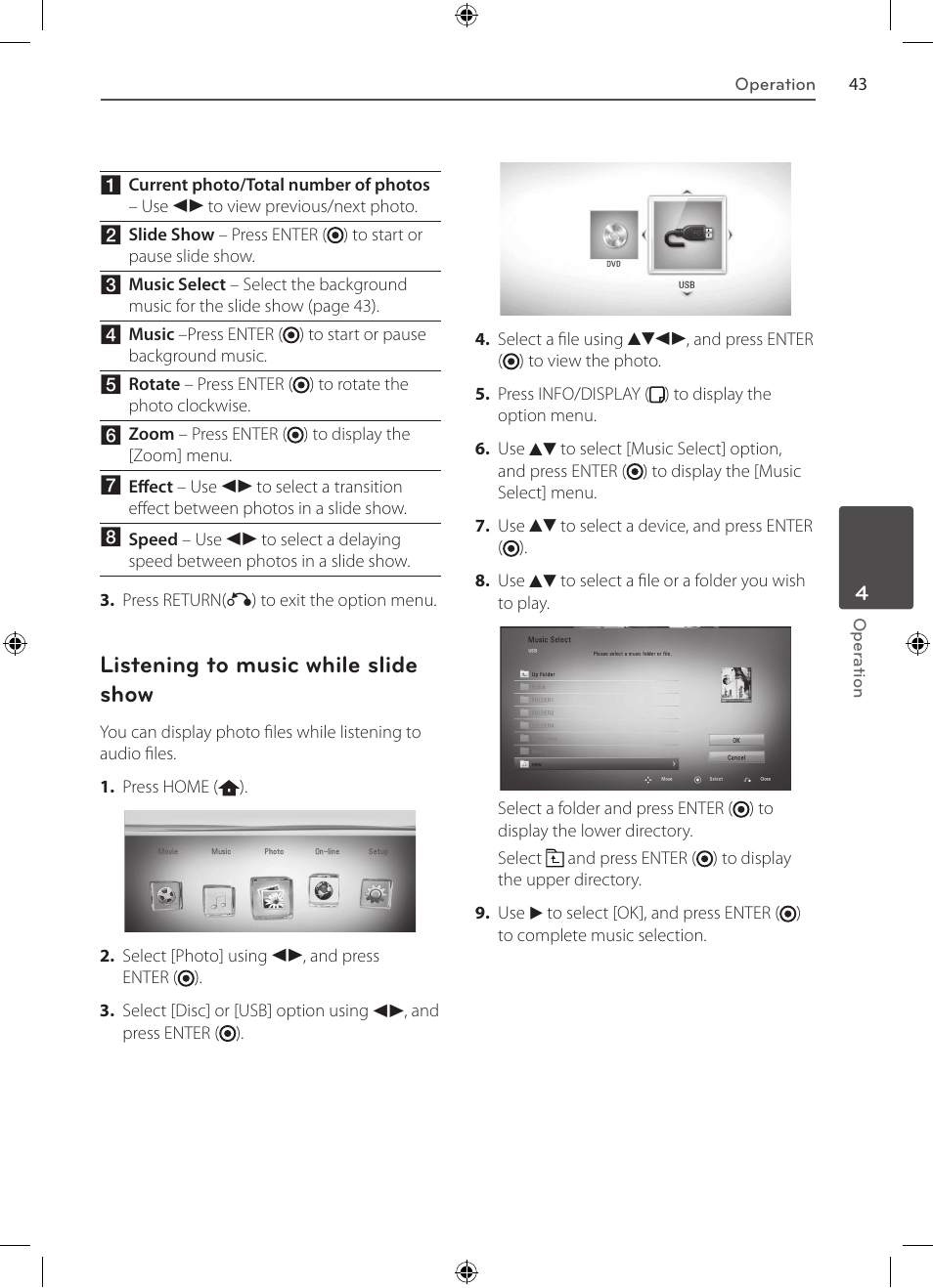 Options while viewing a, Photo, Listening to music while slide show | LG BD530 User Manual | Page 43 / 72