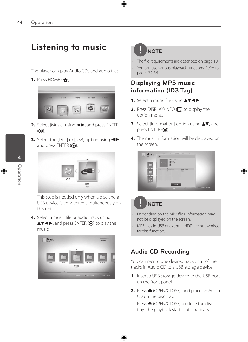 Listening to music while, Slide show, Listening to music | Displaying mp3 music information (id3 tag), Audio cd recording | LG BD530 User Manual | Page 44 / 72