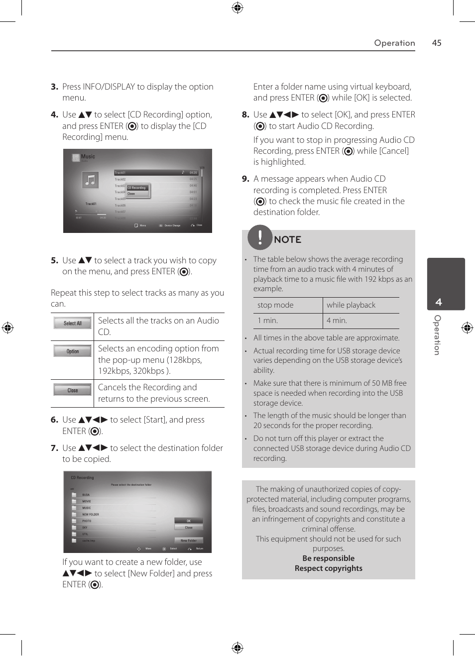 Listening to music, Audio cd recording | LG BD530 User Manual | Page 45 / 72