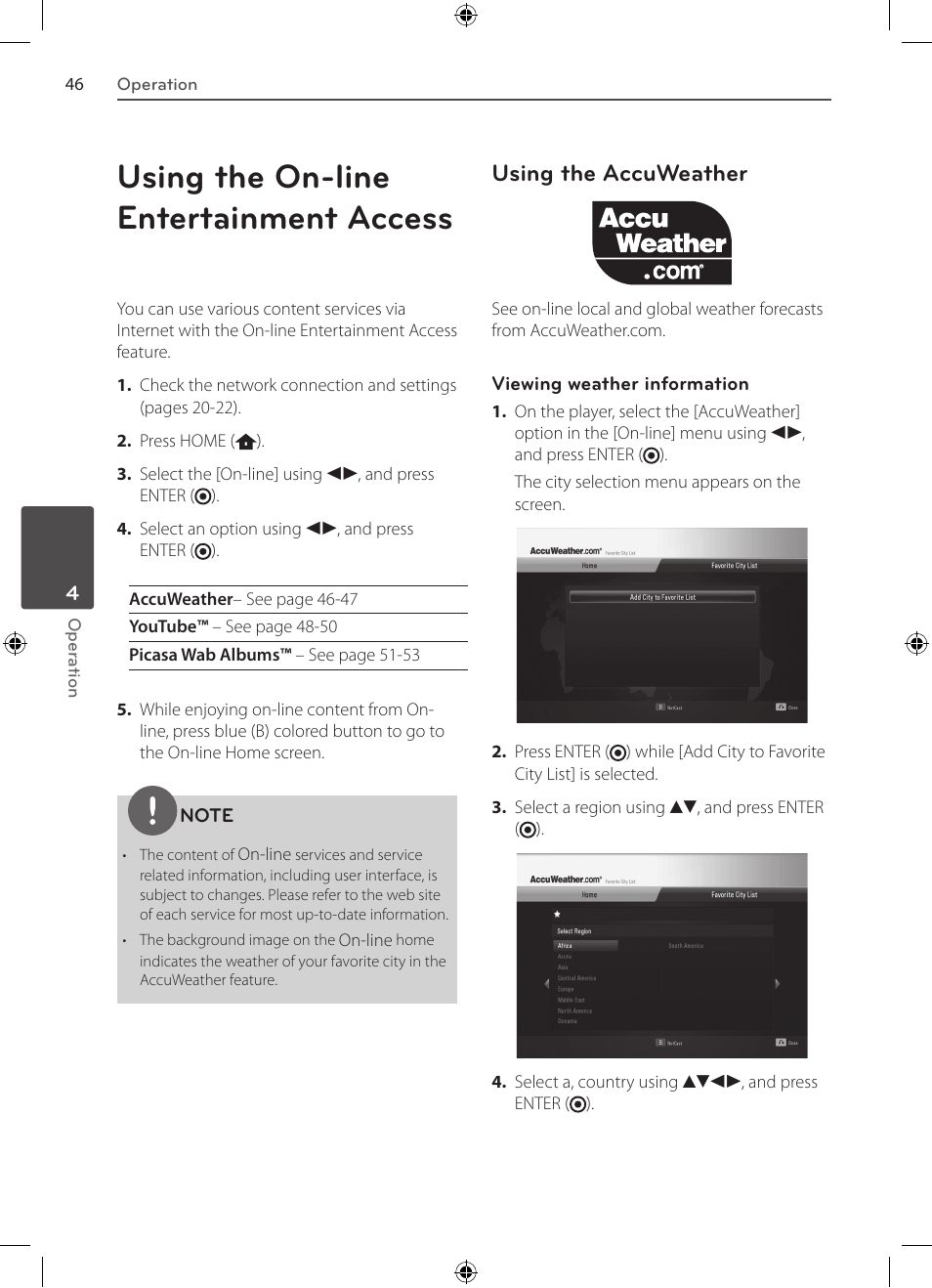 Using the on-line entertainment access, Using the accuweather | LG BD530 User Manual | Page 46 / 72