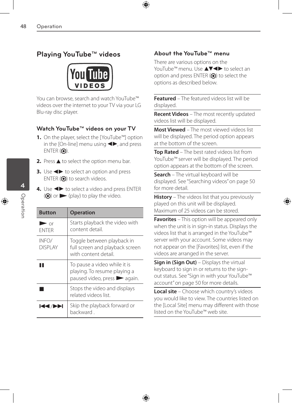 Playing youtube™ videos | LG BD530 User Manual | Page 48 / 72