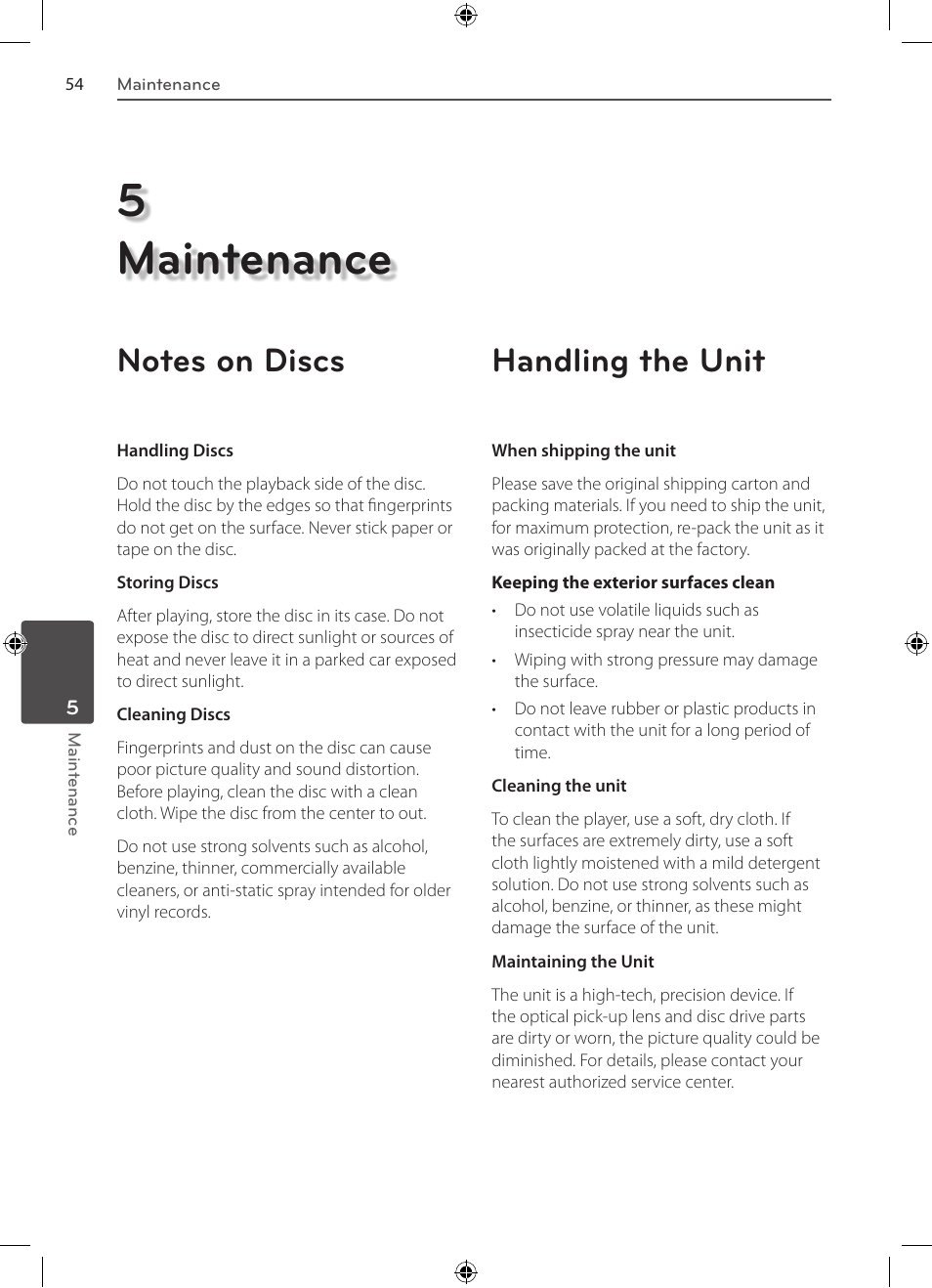 5maintenance, Handling the unit | LG BD530 User Manual | Page 54 / 72