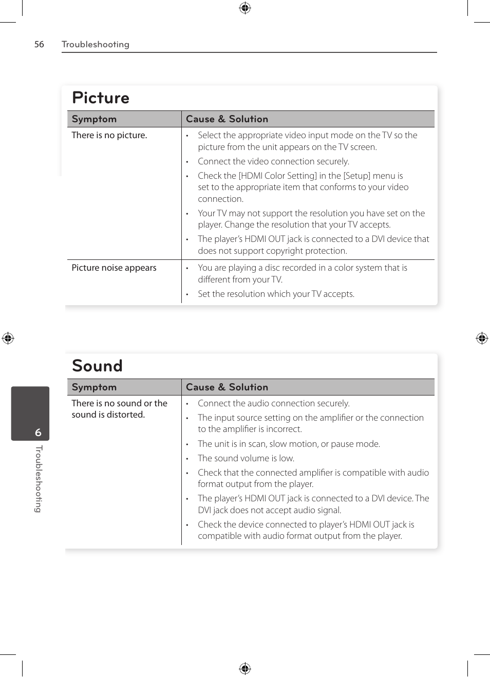 Troubleshooting, General, Picture | Sound | LG BD530 User Manual | Page 56 / 72