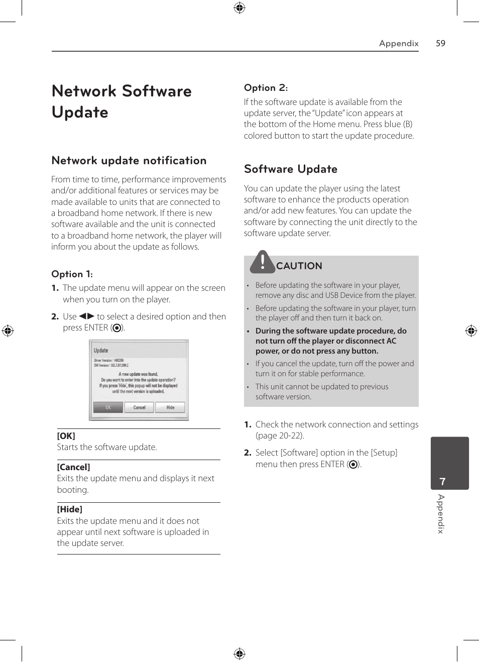 Appendix, Controlling a tv with the supplied, Remote control | Network software update, Network update notification, Software update | LG BD530 User Manual | Page 59 / 72